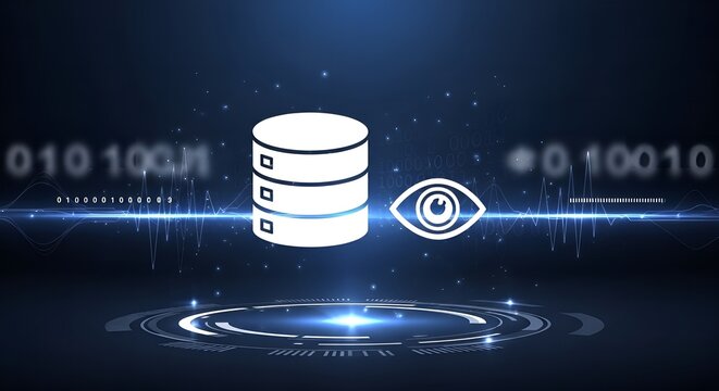 A futuristic database server with an eye icon glows brightly on a dark digital circuit board background with binary code.