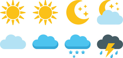 Obraz premium Weather icon set, minimalist black and white icons representing sun clouds moon rain snow and thunderstorm for digital weather apps and forecast graphics.