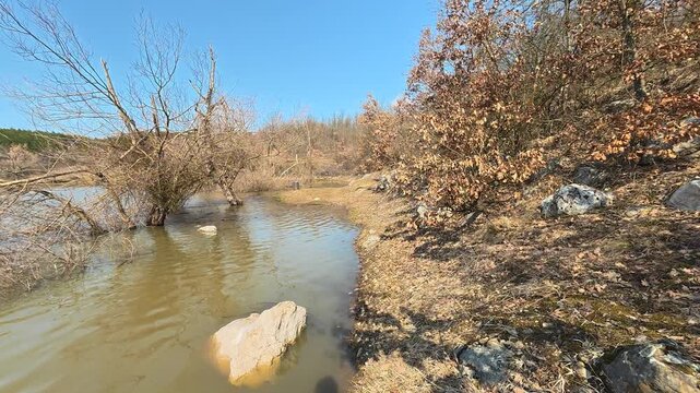 4k POV Walking Along Mountain Lake Shore. Vrmdza, Mount Rtanj area. Balkans, Serbia.