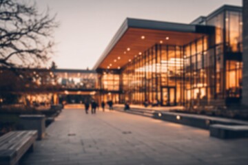 Fototapeta premium Modern institutional building facade glows with warm interior light during twilight hours