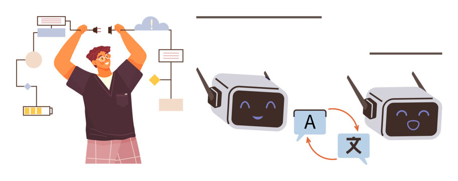 Artificial intelligence, robotics, language translation, cloud computing, innovation, technology integration. Robot faces and language symbols with a person assembling components. AI and robotics in