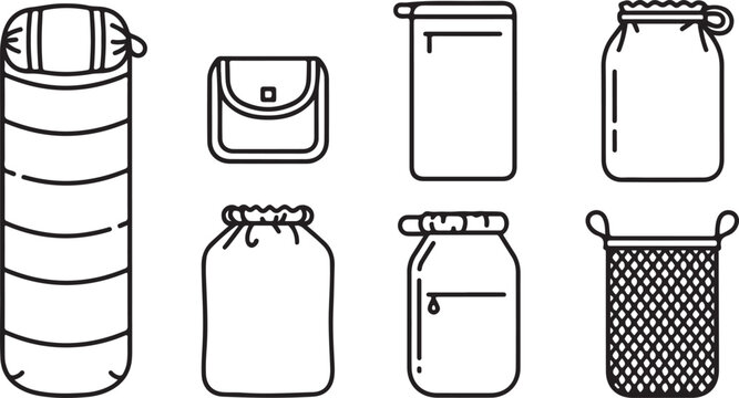 Various containers including bottles, jars, boxes and a bucket for storage or household use Vector