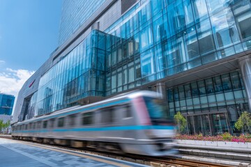 Naklejka premium Modern commuter rail car speeds past a contemporary glass facade building under a bright sky