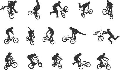 Obraz premium Black silhouettes of BMX riders performing freestyle tricks stunts jumps flips balancing dynamic movements extreme sports cycling illustration flat vector