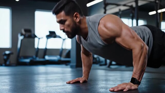 A determined, muscular man performs push-ups with intense focus in a modern, well-lit gym, captured in a dynamic close-up shot.