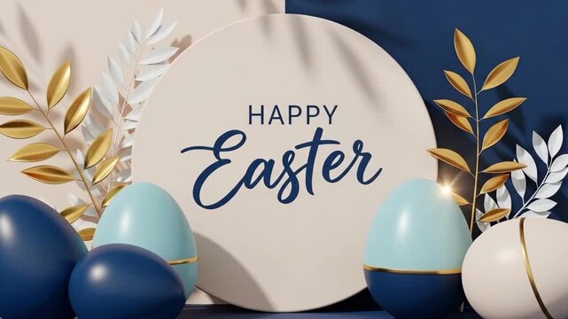 Happy Easter text on a podium display for greeting card or banner template. Seasonal spring holiday concept with decorative eggs.