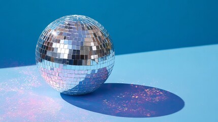 Shiny disco ball sits on a blue surface with a blending blue background.
