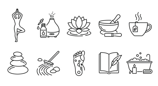 Wellness Spa and Zen Meditation Minimalist Line Icon Set.