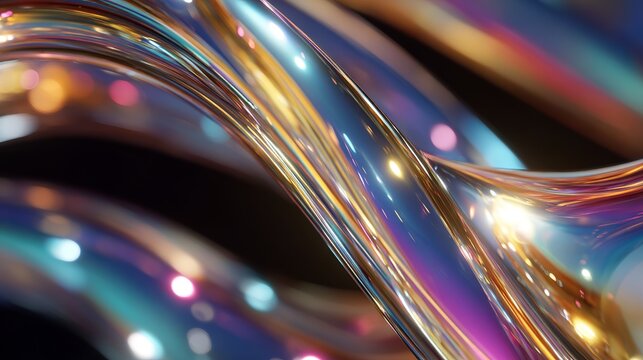 Shiny, non-realistic forms shimmer with rainbow light and rounded lines.