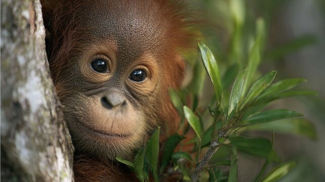 Baby orangutan clings to a tree in a safe place.