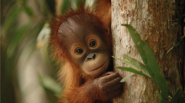 Baby orangutan clings to a tree in a safe place.