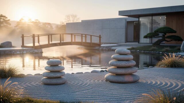 Serene Zen garden at sunrise with stacked smooth stones and rippling sand patterns for relaxation and mindfulness