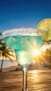 Tropical blue margarita with salt rim and lime slice, set against a vibrant sunset beach background, capturing the essence of a summer vacation