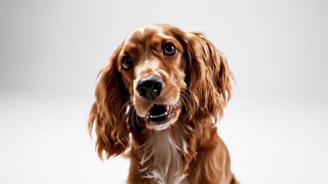 This features a close-up shot of a brown puppy dog with floppy ears looking directly at the camera. The dog has a sweet and innocent expression on its face, and it is set against a plain white