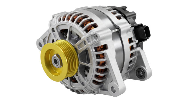 Automotive Alternator for Car Power Generation and Electrical System Charging with Pulley and Connector isolated on transparent background