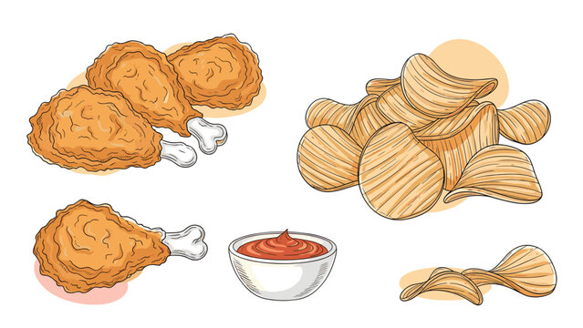 Set of hand drawn sketches featuring crispy fried chicken drumsticks, thin potato chips, and a bowl of red spicy dipping sauce.