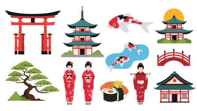 Japanese cultural landscape elements feature traditional pagodas, torii gates, geisha figures, koi fish, and sushi for branding.
