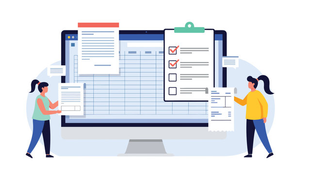 Professional accountants managing financial spreadsheets and digital documents on a computer screen for efficient bookkeeping.