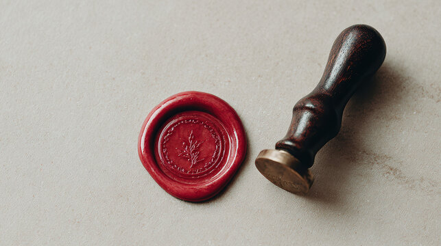 Elegant Seal of Authenticity: A classic, handcrafted wax seal with a rich, crimson hue sits beside its wooden handle, evoking a sense of heritage and trustworthiness.