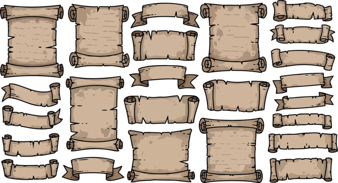 Cartoon tattered parchment scrolls and torn ribbon banners