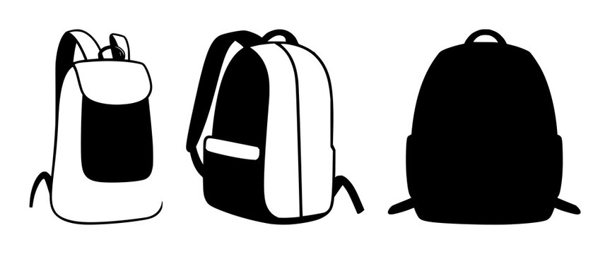 Student backpack silhouette set with solid black outline against white background featuring backpack, luggage, travel scenery with student life and education