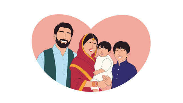 Portrait of a happy indian family with father mother and two sons framed within a warm pink heart shape on white background.