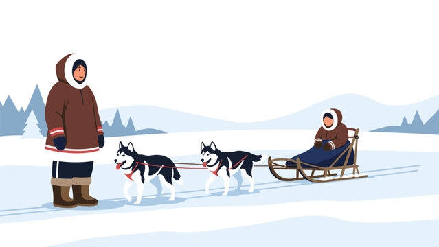 Eskimo people with a traditional dog sled pulled by two huskies in a snowy winter landscape with distant mountains.