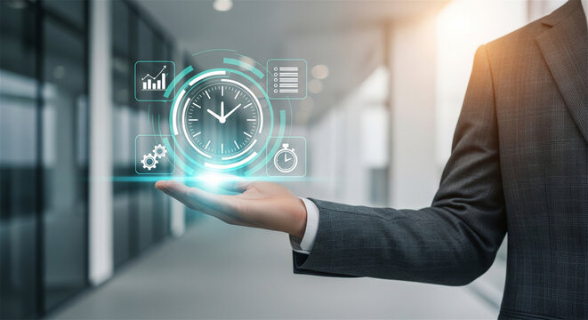 Time management concept, businessman holding glowing digital clock