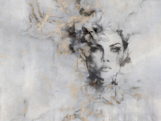 Beautiful woman's face with a flower on her head. Mural on marble. © lucja_lusilas.pl