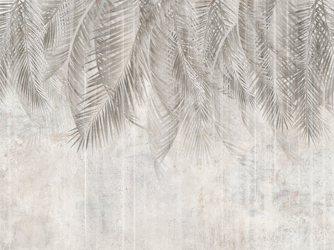 Palm leaves on the wall, tropical leaves. Illustration for wallpaper, card, poster, decoration. Mural.
