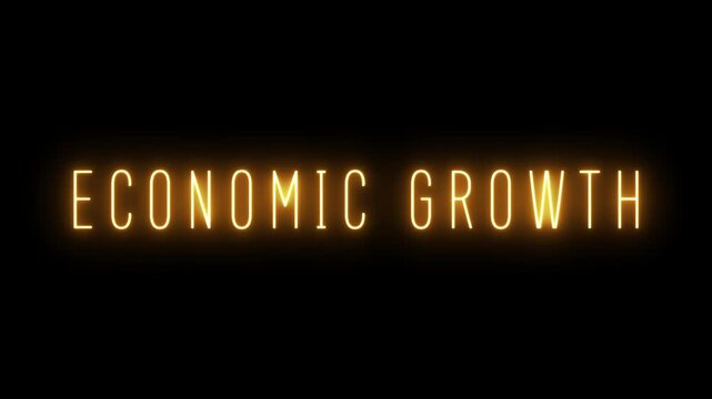 Bright orange neon sign spelling ECONOMICGROWTH in capital letters, illuminated against a dark black background, symbolizing financial prosperity, development, and upward economic