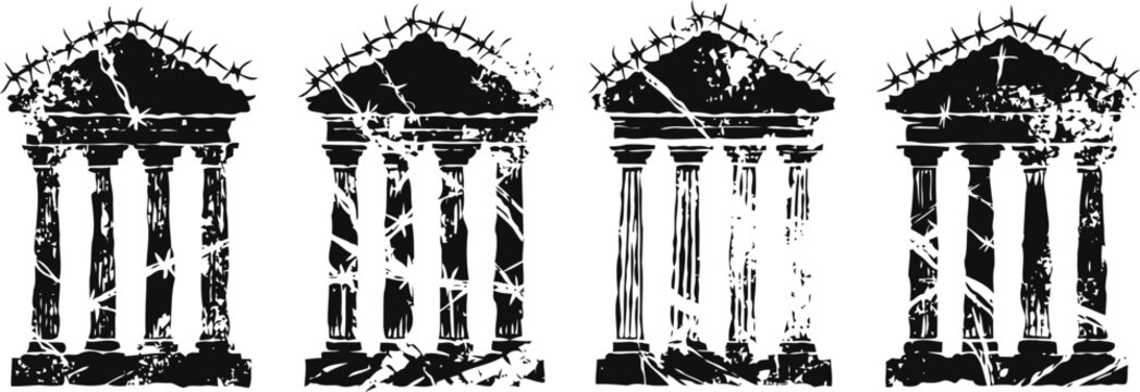 grunge vintage columns silhouette set four ancient architectural ruins damaged old stone temple pillars with pediments