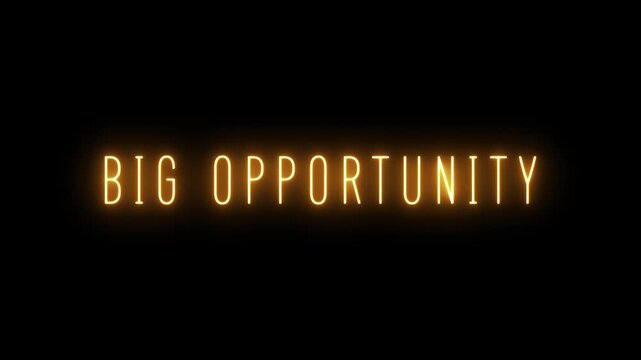 Bold orange neon sign spelling BIGOPORTUNITY shines brightly on a stark black background conveying a sense of potential and exciting prospects for business and life endeavors