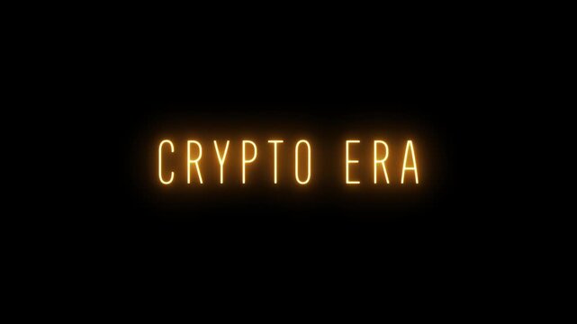 Intense orange neon lettering spelling CRYPTOERA glows brightly on a dark black background signifying the current age of digital currencies and decentralized finance