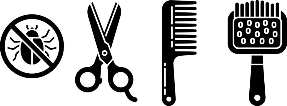 Vector icons of lice comb, scissors, and lice free symbol