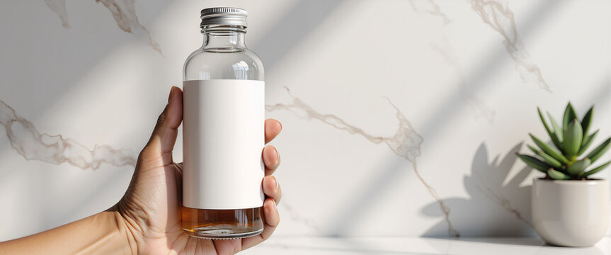 Hand holding mockup glass bottle with blank label on marble background  