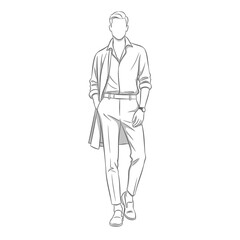 Fototapeta premium Fashionable man walking in stylish outfit, line art illustration, modern menswear style