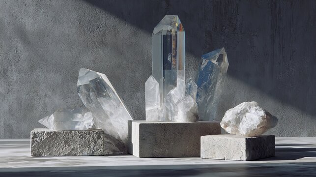 Crystal shapes form a plain backdrop.