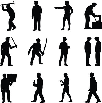 Black silhouette of diverse people performing various daily activities and jobs black silhouettes de