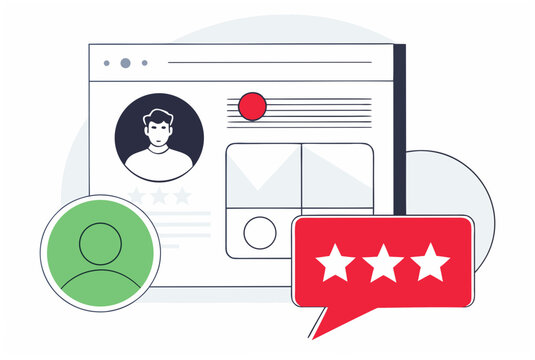 Profile with review stars and speech bubble. Authentic ugc reviews concept, customer feedback. Vector illustration for website, app design