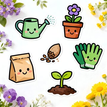 Cute Gardening Icons Set with Watering Can Flower Pot and Seed