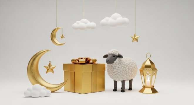 Festive Eid illustration features a sheep, crescent moons, gift, clouds, and a lantern