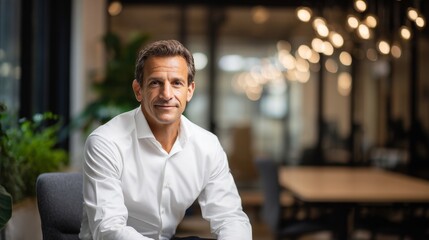 Obraz premium Confident businessman in a modern office setting. He is dressed in a smart white shirt. The background features stylish decor and warm lighting. This image conveys professionalism. AI
