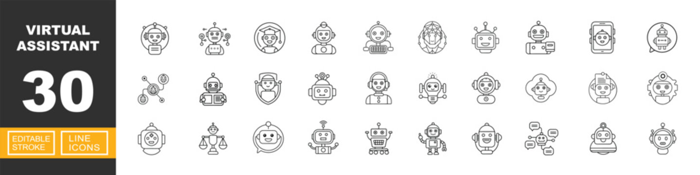 Advanced Virtual Assistant and Smart Robot Roles. Includes Educational Robot, Healthcare Assistant, Legal Tech Bot, Bot with Neural Network, Technical Support Robot. Editable stroke line icons.