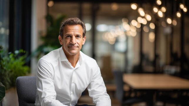 Confident businessman in a modern office setting. He is dressed in a smart white shirt. The background features stylish decor and warm lighting. This image conveys professionalism. AI