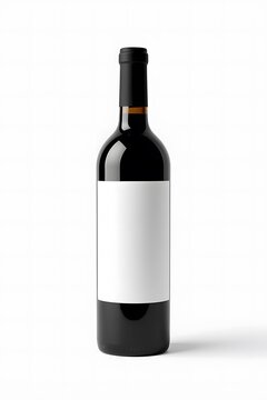 A studio shot of a dark glass wine bottle with a blank white label centered on it