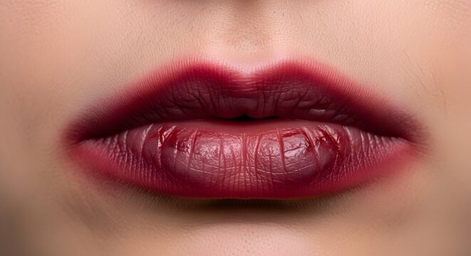 Close-up of Dry Chapped Lips with Dark Red Lipstick