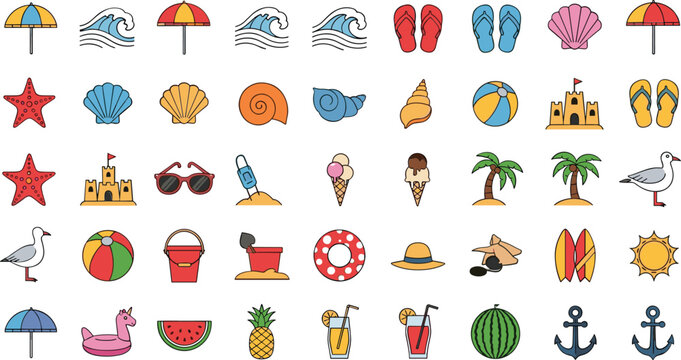 Collection of colorful beach icons and symbols for summer concepts