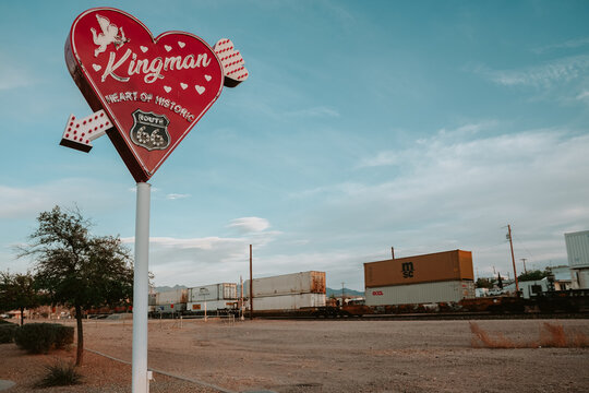 Kingman, Arizona - March 28, 2026: Neon sign for the Heart of Historic Kingman downtown area along Route 66 in historic Kingman AZ.