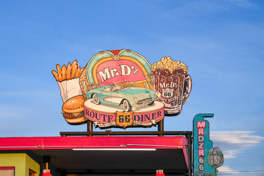 Kingman, Arizona - March 28, 2026: Sign for the famous Mr. D'z Route 66 Diner, a 50s style roadside Americana restaurant